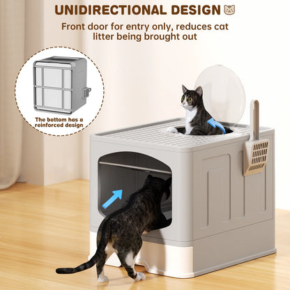 Extra Large Foldable Cat Litter Box with Cat Litter Scoop, Front Entry Top Exit Cat Litter Pan with Lid, Enclosed Anti-Splashing Cat Kitty Litter Box, Drawer Type Cat Litter Easy Cleaning and Scoop