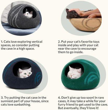 Premium Felt Cat Bed Cave - Handmade 100% Merino Wool Bed for Cats and Kittens (Light Shades) (Medium, Aquamarine)